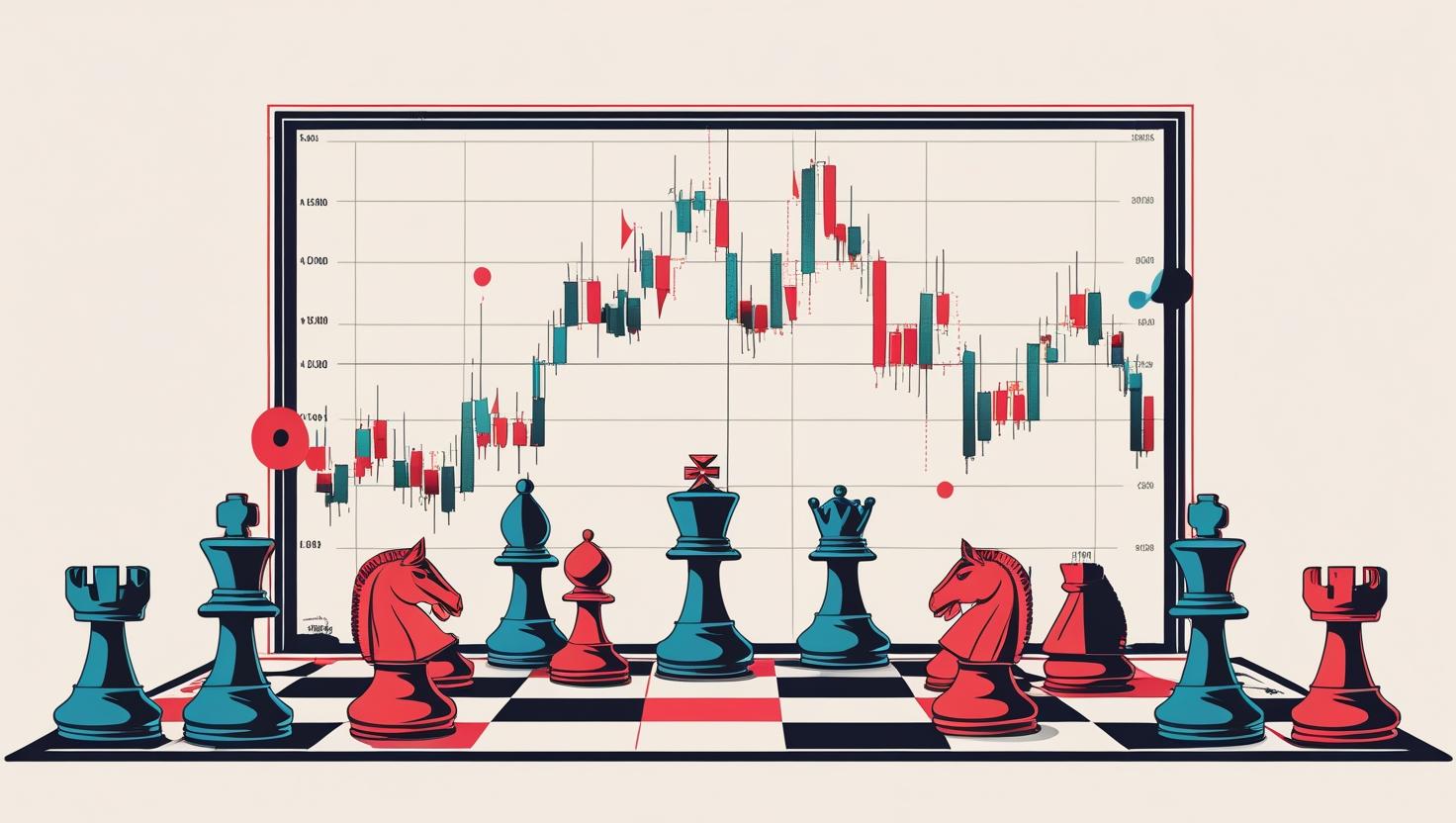 Illustration of a chessboard with red and blue pieces in front of a stock market candlestick chart, symbolizing the similarities between chess strategy and options trading decisions.