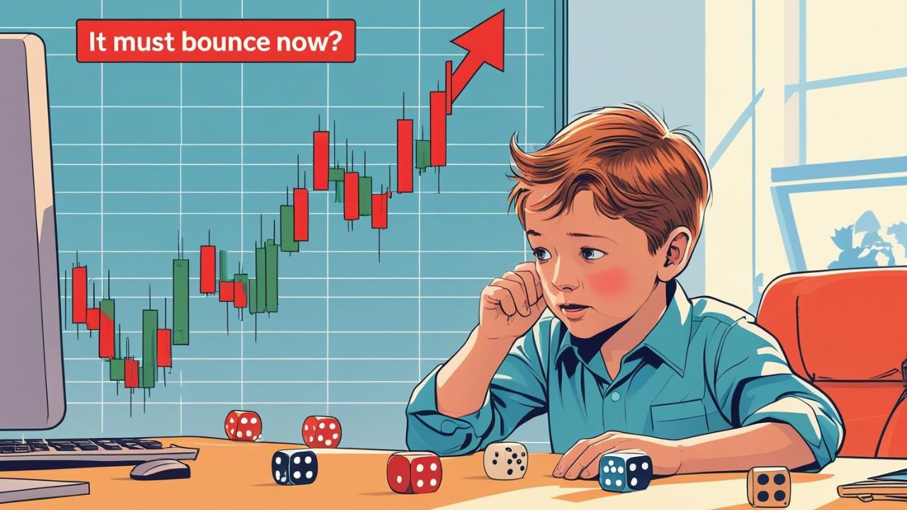 gambler’s fallacy in trading
stock market psychology
emotional investing mistake
false hope in stock trends
misunderstanding randomness
stock chart vs dice logic